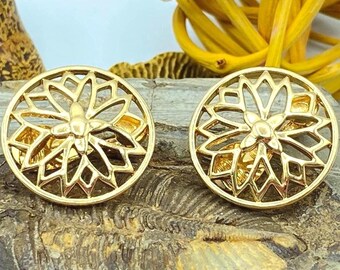 Monet Earrings: Gold Floral Earrings, Round Clip On, 1970s Jewelry