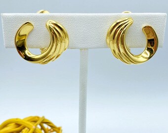 Monet Earrings: Gold Crescent Clip On Earrings, 1980s Jewelry