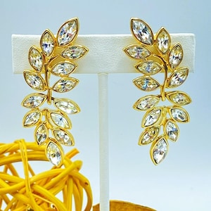 Vintage Kenneth Jay Lane Rhinestone Clip On Earrings: Gold Tone KJL Statement Jewelry