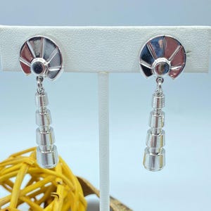 Vintage Monet Silver Tone Art Deco Dangle Clip On Earrings, 60s Monet Earrings, Monet Jewelry