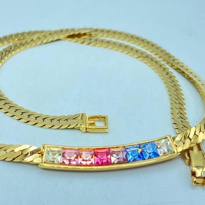 Vintage Givenchy Necklace: Herringbone Chain, Rainbow Rhinestone Pendant