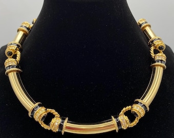 Vintage Necklace: Heavy Gold Link Choker, Torque, Black & Rhinestone Accents, 17 Inches, 80s Jewelry