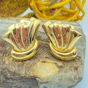 Vintage Monet Gold Tone Fan Clip On Earrings