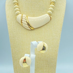 Vintage Napier Necklace and Earrings Set: Cream Acrylic, Gold Tone