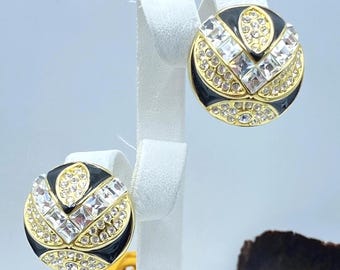 Vintage Rhinestone Earrings: Domed, Black Gold Clip On Earrings, 90s Jewelry