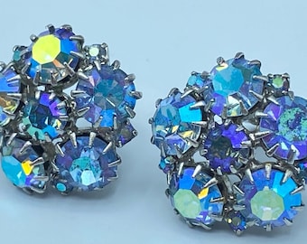 Kramer Earrings: Cluster Earrings, AB Rhinestones, Blue, Clip On, 1950s Jewelry