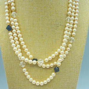 Monet White Pearl Necklace with Black Crystals, 63 Inches, 80s Monet Necklace, Monet Pearl Necklace