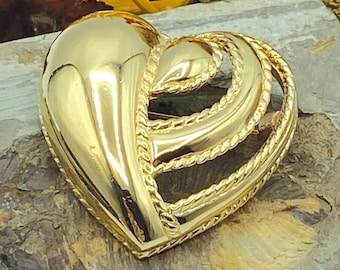 Vintage Monet Gold Tone Heart Brooch, Monet Puffy and Open Metal Heart Brooch, Monet Vintage Jewelry, 80s Monet Brooch, Valentines Day Heart