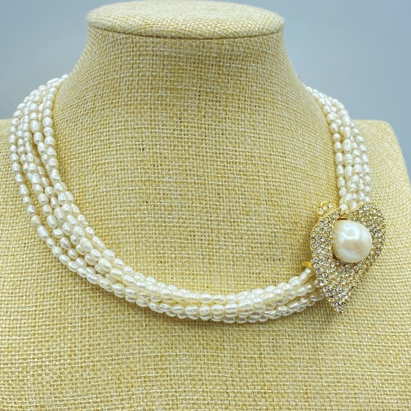 Vintage Napier Pearl Calla Lilly Necklace, 90s Napier Necklace, Bridal Napier Pearl Choker, Napier Pearl and Rhinestone Choker Necklace, 16"