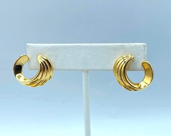 Monet Earrings: Gold Crescent Earrings, Pierced, 1980s Jewelry