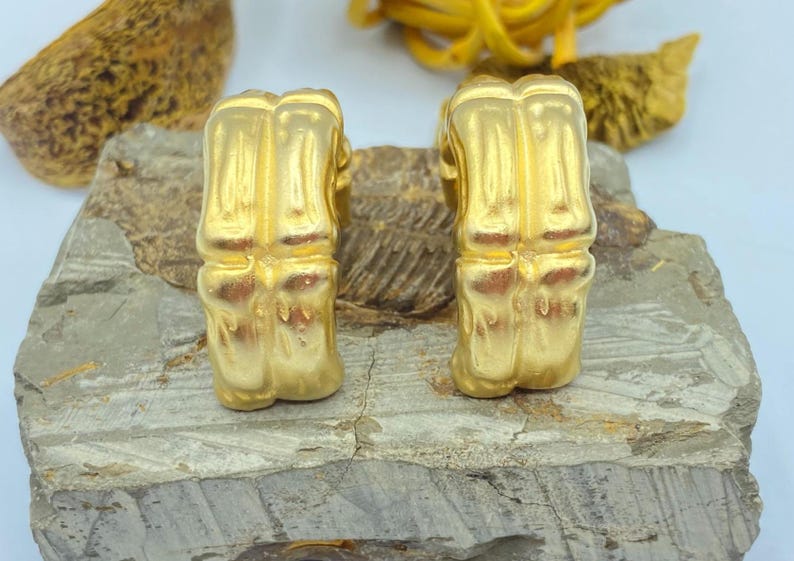 Givenchy Earrings: Clip On Hoop Earrings, Matte Gold Bamboo, 80s Jewelry image 6