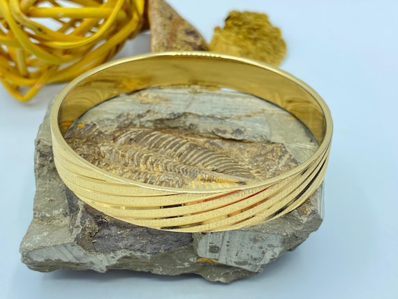 Monet Bracelet: Gold Bangle Bracelet, Etched, 1960s Jewelry, Book Piece, Medium