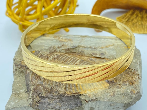 Monet Bracelet: Gold Bangle Bracelet, Etched, 1960s Jewelry, Book Piece, Small