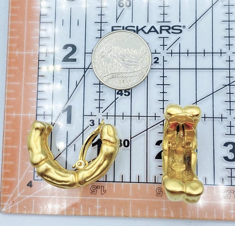Givenchy Earrings: Clip On Hoop Earrings, Matte Gold Bamboo, 80s Jewelry image 9