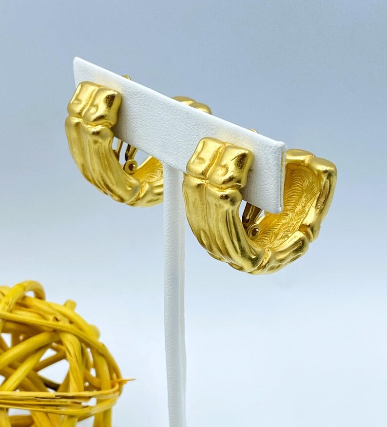 Givenchy Earrings: Clip On Hoop Earrings, Matte Gold Bamboo, 80s Jewelry image 4