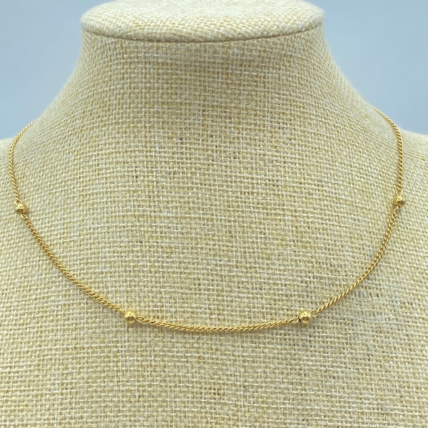 Vintage Monet Choker, 60s Monet Necklace, Dainty Monet Chain Choker, Gold Tone Bead and Chain Necklace, 15 Inch Choker, Monet Jewelry