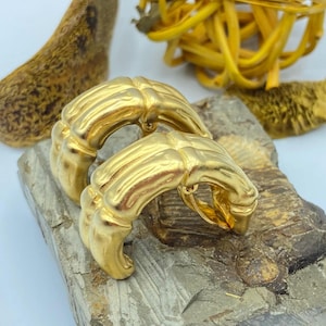 Givenchy Earrings: Clip On Hoop Earrings, Matte Gold Bamboo, 80s Jewelry image 1