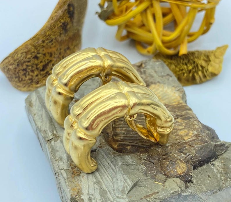 Givenchy Earrings: Clip On Hoop Earrings, Matte Gold Bamboo, 80s Jewelry image 1