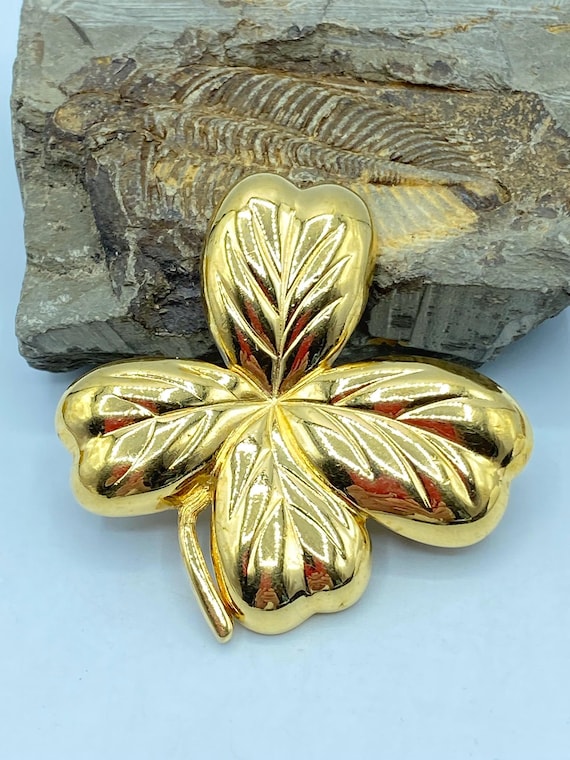 Monet Brooch: Gold Four Leaf Clover Brooch, 1980s Jewelry