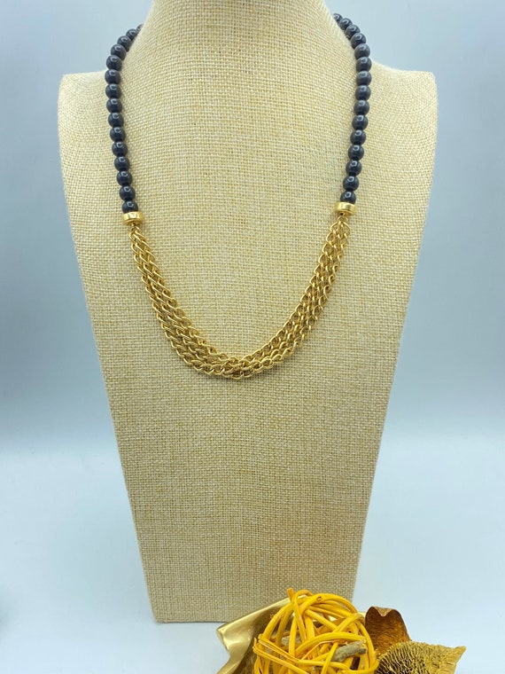 Vintage Monet Black Bead and Gold Chain Necklace, 