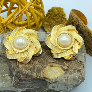 Vintage Givenchy Earrings, 80s Givenchy Earrings, Chunky Givenchy Gold and Pearl Clip On Earrings, Givenchy Jewelry