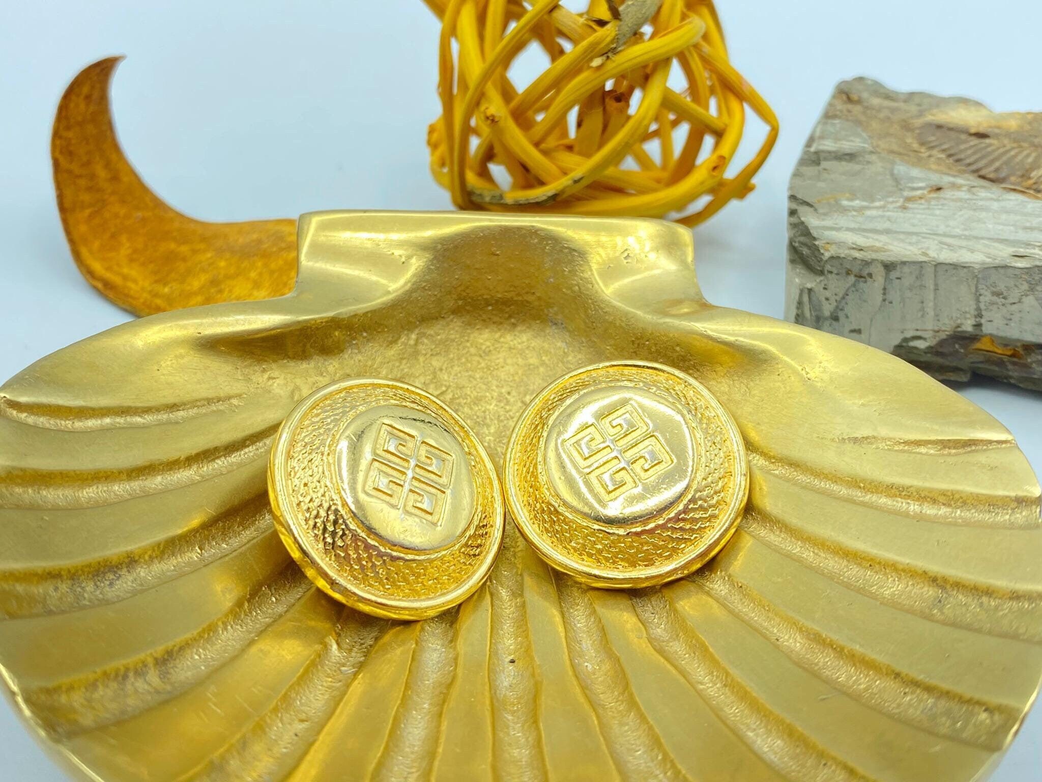 Givenchy Designer Logo Gold-Plated Button Style Clip-On Earrings Vintage Chunky Givenchy Logo Greek Key Gold Plated Oversized  main image 3