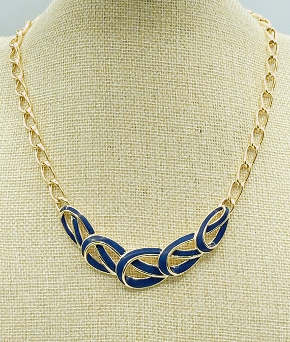 Vintage Trifari Navy Blue Pendant Necklace, Trifa… - image 1