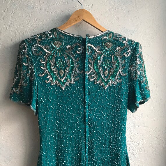 1960s Vintage 100% Silk Teal Beaded Dress Evening… - image 6