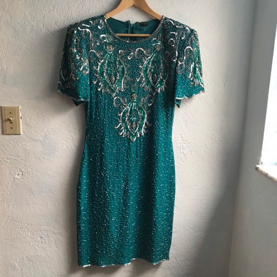 1960s Vintage 100% Silk Teal Beaded Dress Evening… - image 2