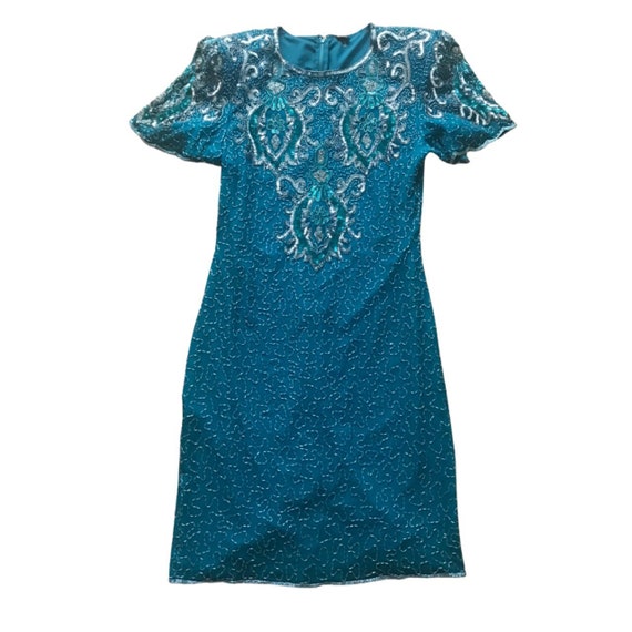 1960s Vintage 100% Silk Teal Beaded Dress Evening… - image 1