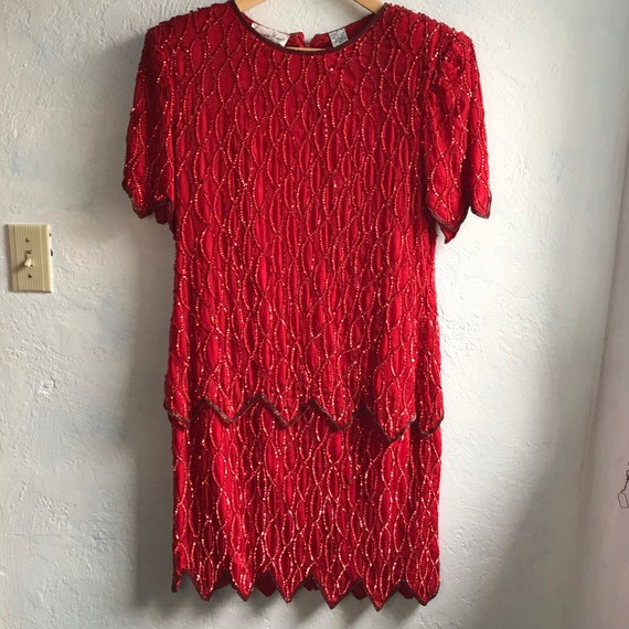 1960s Vintage Laurence Kazar 100% Silk Red Sequin… - image 1