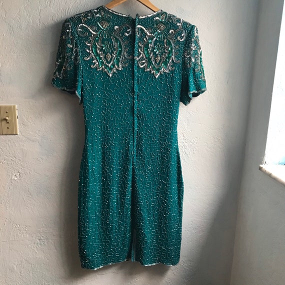 1960s Vintage 100% Silk Teal Beaded Dress Evening… - image 4