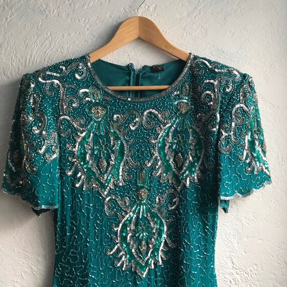 1960s Vintage 100% Silk Teal Beaded Dress Evening… - image 3