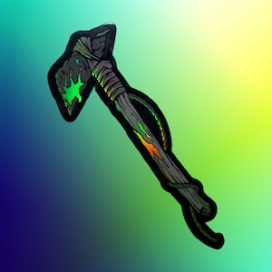 Pode incluir: Um adesivo preto e verde iridescente de um machado de guerra com uma corda enrolada ao redor do cabo.