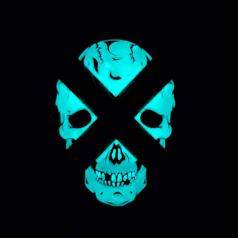 May include: A glowing turquoise skull with a black X over the eyes. The skull is a graphic design element.