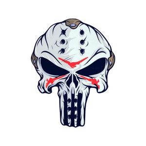 May include: A white skull with red markings and black eye sockets. The skull has a textured surface and is surrounded by a brown band with five holes.