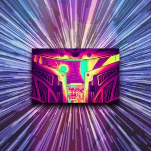 May include: A vibrant, colorful illustration of a futuristic helmet with a glowing, star-filled background. The helmet is detailed with intricate patterns and a glowing visor.