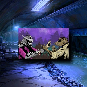 May include: A purple and black illustration of a ninja warrior facing off against a wolf-like creature in a forest setting. The ninja is wearing a purple and black suit with a silver helmet and mask. The wolf-like creature is wearing a white robe and has a brown and white fur coat.