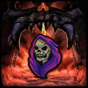 May include: Embroidered patch featuring a skull with a purple hood and accents. The skull has a menacing expression, with black eye sockets and a detailed bone structure. The patch is set against a fiery, hellish background.