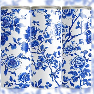 Blue Chinoiserie Pattern 20oz Skinny Tumbler Sublimation Design PNG Seamless Floral Tumbler Wrap Floral Lover Gift Idea Digital Download
