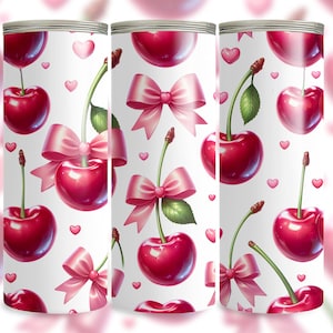Cherry Tumbler Wrap 20oz Skinny Tumbler Sublimation Design Coquette Tumbler Png Pink Bow Tumbler Design Seamless Digital Download