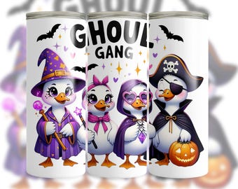 Ghoul Gang Ducks 20oz smal tumbler sublimeringsdesign, Halloween tumbler wrap PNG, söt ank tumbler, omedelbar digital nedladdning endast