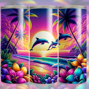 May include: A colorful sunset scene with palm trees, dolphins jumping over waves, and tropical flowers. The scene is printed on a stainless steel tumbler.