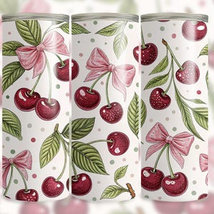 Seamless Cherry Tumbler Wrap 20oz Skinny Tumbler Sublimation Design Coquette Tumbler Png Pink Bow Tumbler Design Digital Download