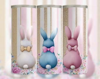 Lindo envoltorio para vaso de Pascua con forma de conejito de coqueta, diseño de sublimación PNG de vaso de Pascua delgado de 20 oz, descarga digital sin costuras con purpurina floral para Pascua