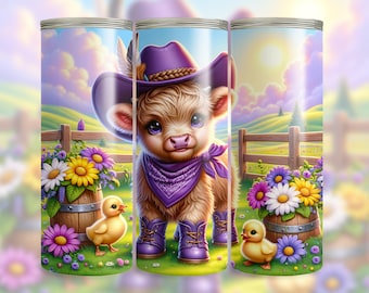 Cute Highland Cow Cowgirl Tumbler Wrap, 20oz Skinny Tumbler Sublimation Design, Highland Cow PNG, Instant Digital Download