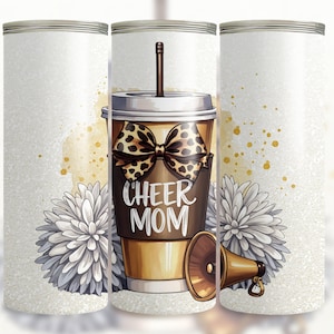 20oz Skinny Tumbler Cheer Mom Leopard Bow Print Designs Template Straight PNG File Digital Download Cheerleading Mom Sport Tumbler Design