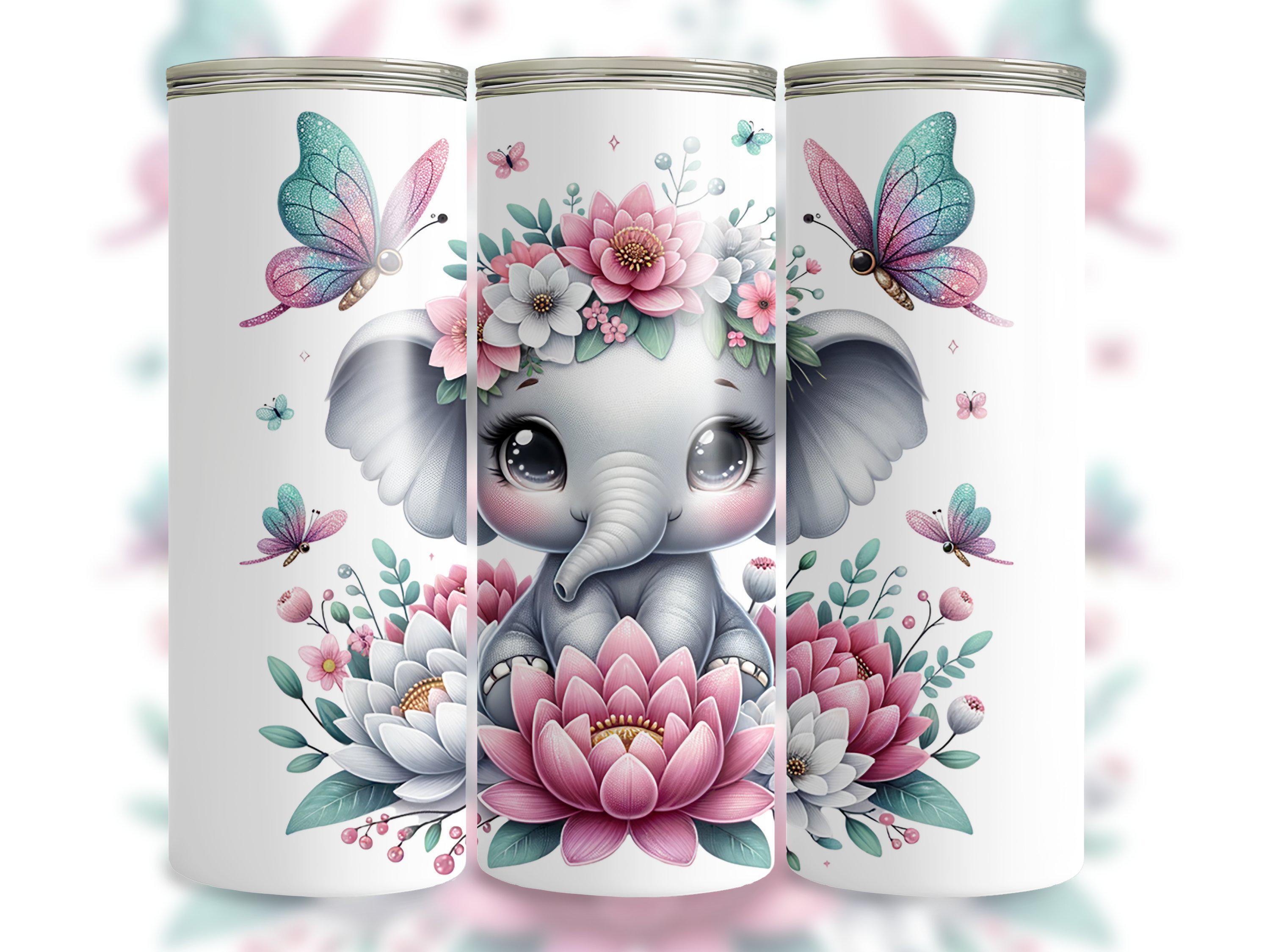 Floral Baby Elephant Butterflies Tumbler Wrap, 20oz Skinny Tumbler Sublimation Design, Adorable Baby Elephant PNG, Instant Digital Download