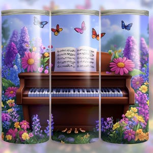 Floral Piano Tumbler Wrap, 20oz Skinny Sublimation Tumbler Design, Music Tumbler PNG, Straight Tumbler Wrap, Instant Digital Download