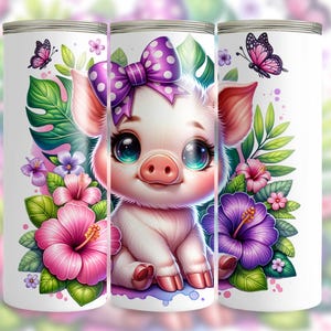 Cute Pig Tumbler Wrap, 20oz Skinny Tumbler Wrap PNG, Watercolor Floral Pig Sublimation Design, Farm Animal Digital Download, Pig Lovers